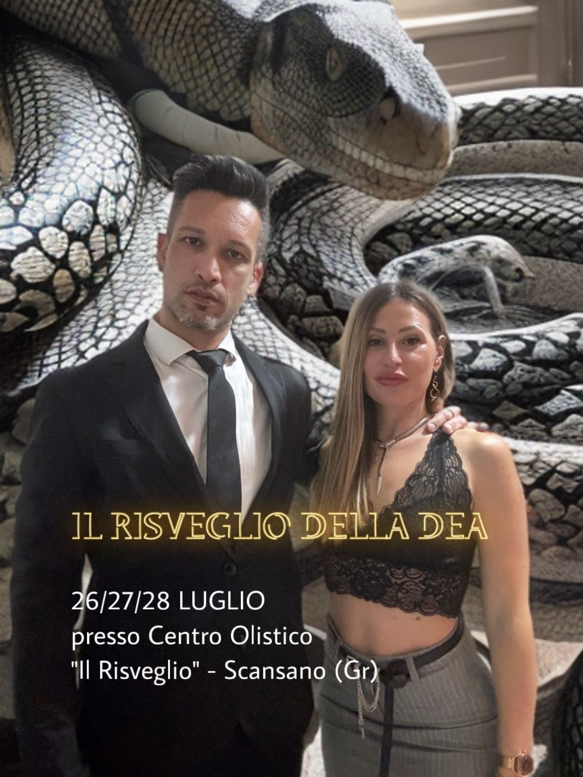 Man and woman posing in front of a large snake backdrop with event details in Italian text.